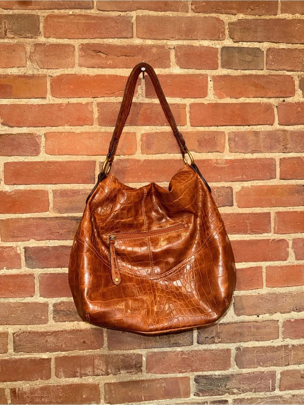 Elle Tan Croc-Embossed Leather Hobo Bag with Gold Hardware